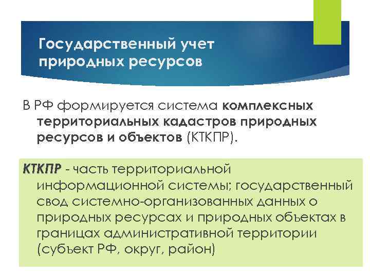 Государственный учет природных ресурсов В РФ формируется система комплексных территориальных кадастров природных ресурсов и