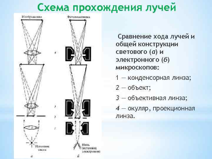 Схема прохождения лучей Сравнение хода лучей и общей конструкции светового (а) и электронного (б)