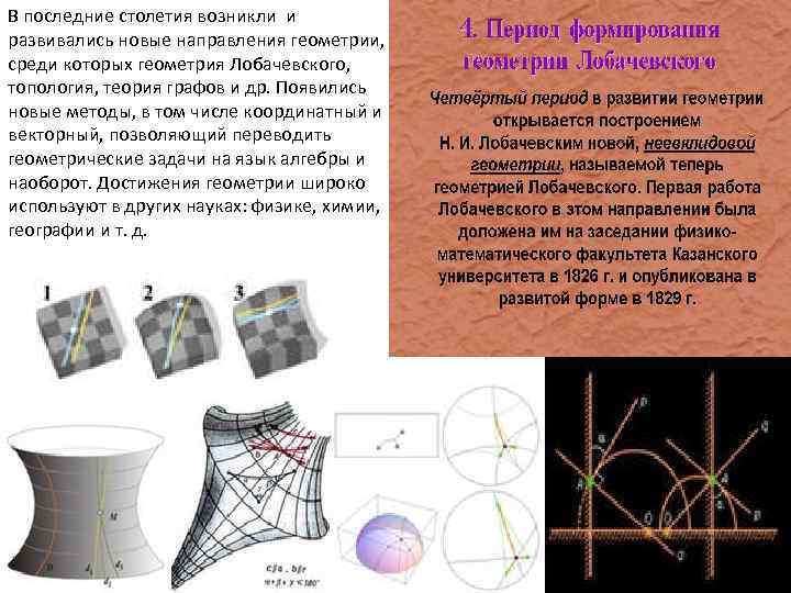 В последние столетия возникли и развивались новые направления геометрии, среди которых геометрия Лобачевского, топология,
