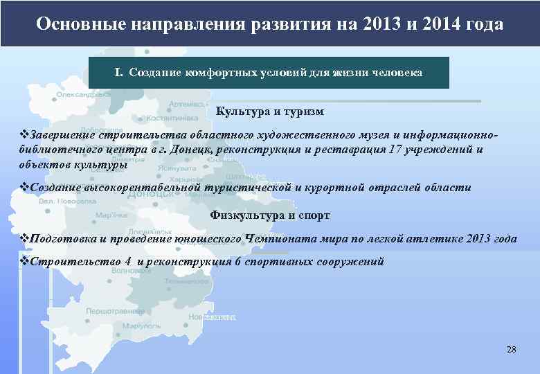 Основные направления развития на 2013 и 2014 года І. Создание комфортных условий для жизни