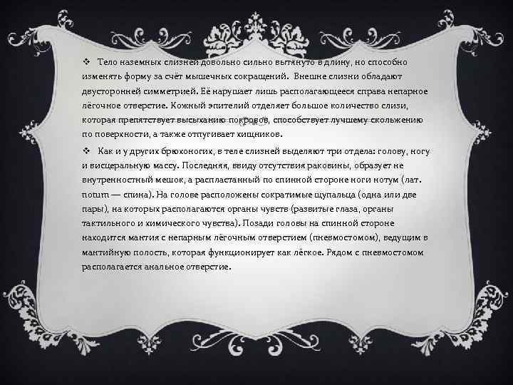 v Тело наземных слизней довольно сильно вытянуто в длину, но способно изменять форму за