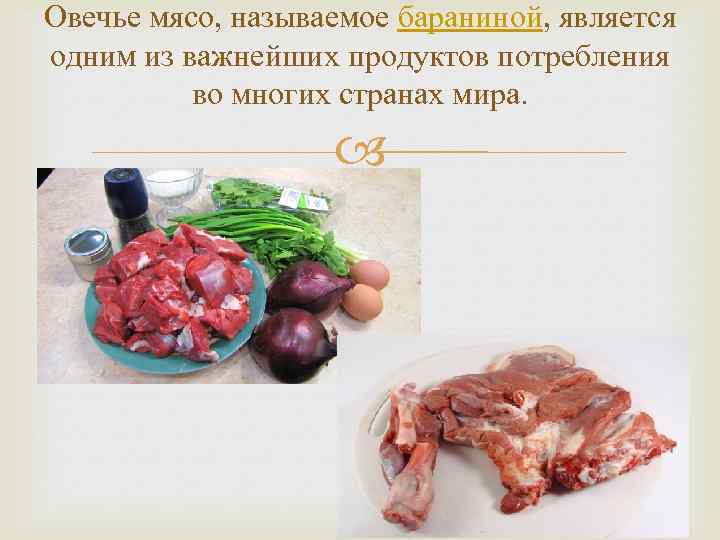 Овечье мясо, называемое бараниной, является одним из важнейших продуктов потребления во многих странах мира.