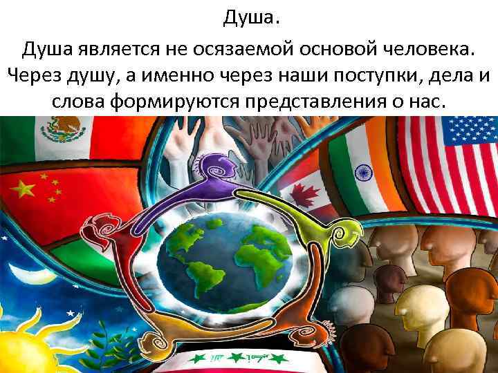 Душа является не осязаемой основой человека. Через душу, а именно через наши поступки, дела