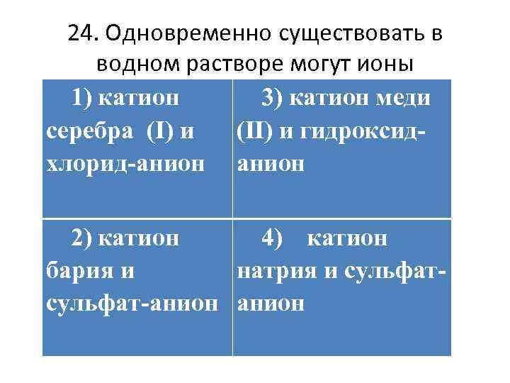 24. Одновременно существовать в водном растворе могут ионы 1) катион 3) катион меди серебра