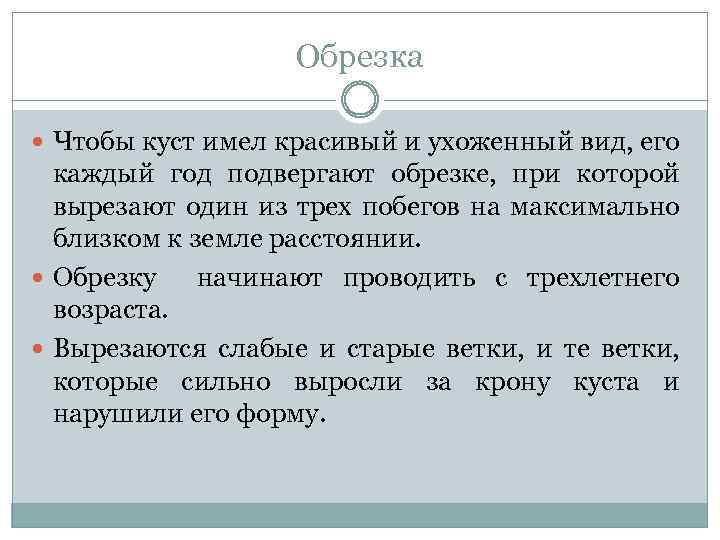 Обрезка Чтобы куст имел красивый и ухоженный вид, его каждый год подвергают обрезке, при