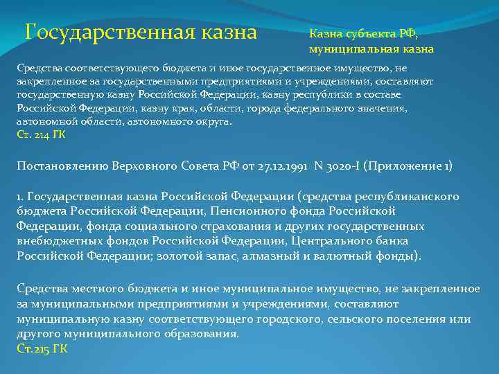 Государственная казна Казна субъекта РФ, муниципальная казна Средства соответствующего бюджета и иное государственное имущество,