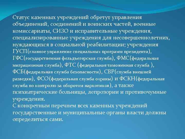 Статус казенных учреждений обретут управления объединений, соединений и воинских частей, военные комиссариаты, СИЗО и