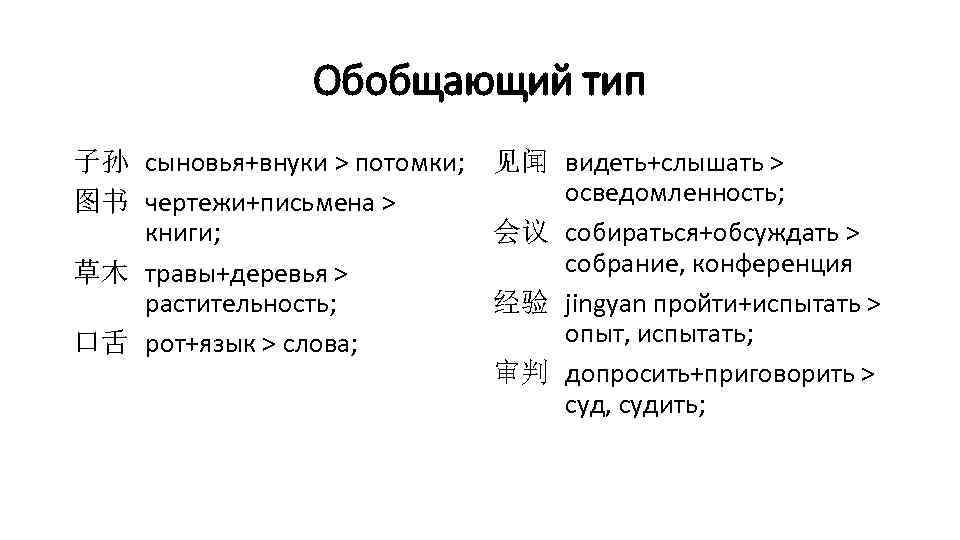 Обобщающий тип 子孙 сыновья+внуки > потомки; 图书 чертежи+письмена > книги; 草木 травы+деревья > растительность;