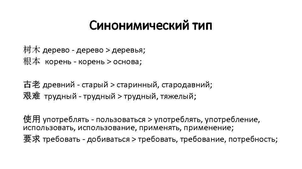 Синонимический тип 树木 дерево - дерево > деревья; 根本 корень - корень > основа;