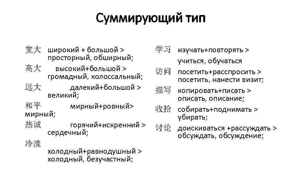 Суммирующий тип 宽大 широкий + большой > просторный, обширный; 高大 высокий+большой > громадный, колоссальный;