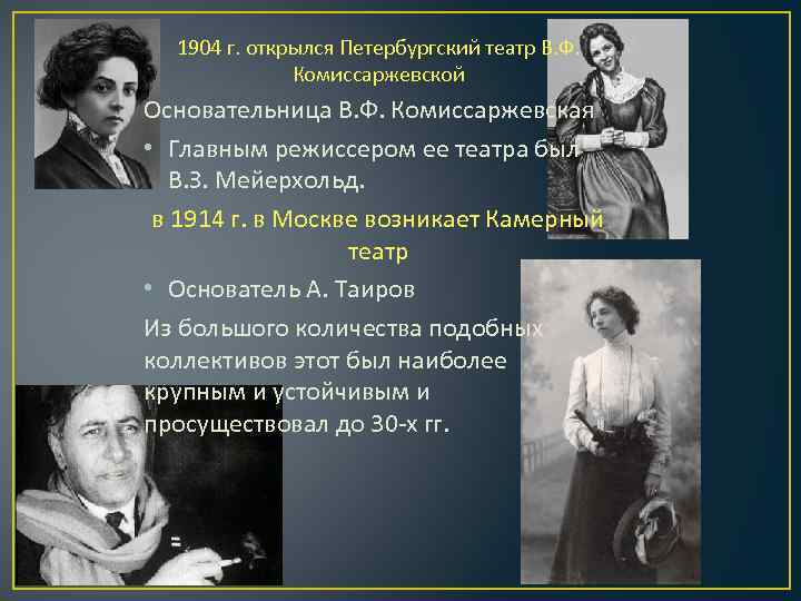 1904 г. открылся Петербургский театр В. Ф. Комиссаржевской Основательница В. Ф. Комиссаржевская • Главным