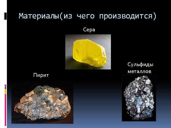 Материалы(из чего производится) Сера Пирит Сульфиды металлов 