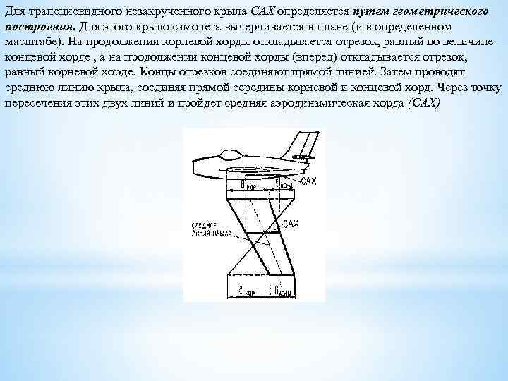 Для трапециевидного незакрученного крыла САХ определяется путем геометрического построения. Для этого крыло самолета вычерчивается