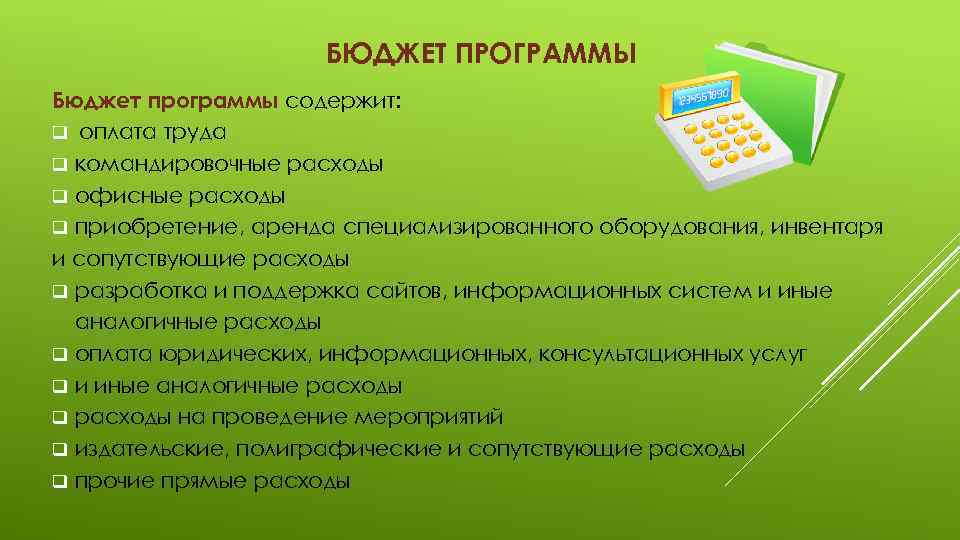 БЮДЖЕТ ПРОГРАММЫ Бюджет программы содержит: q оплата труда q командировочные расходы q офисные расходы