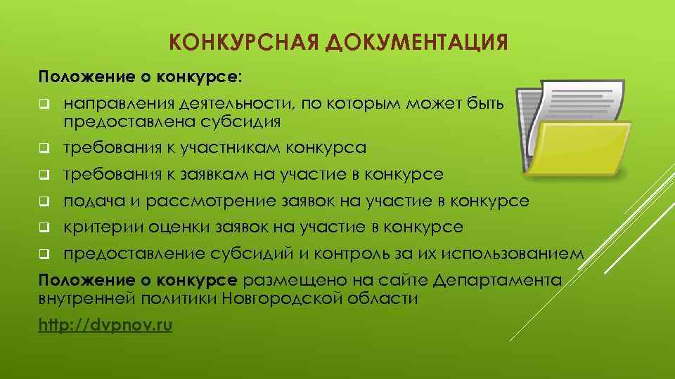 КОНКУРСНАЯ ДОКУМЕНТАЦИЯ Положение о конкурсе: q направления деятельности, по которым может быть предоставлена субсидия