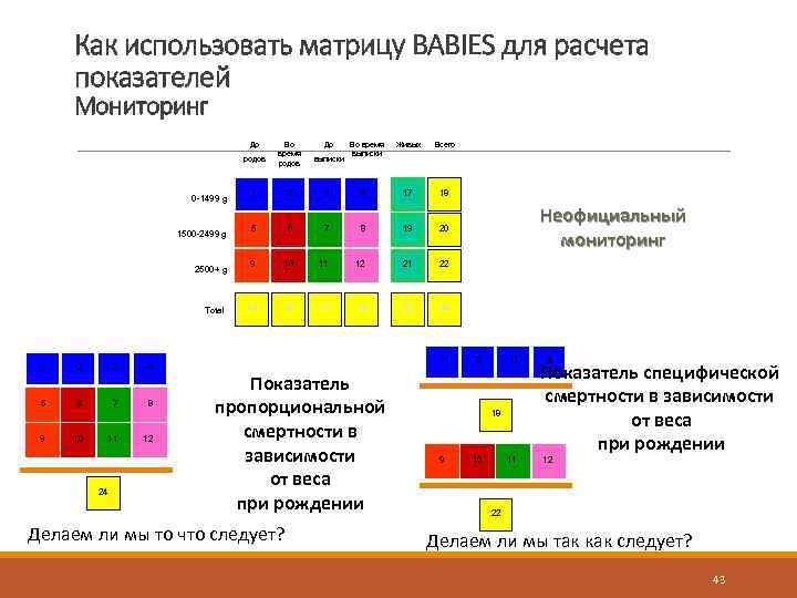 Как использовать матрицу BABIES для расчета показателей Moниторинг До родов 0 -1499 g 1500