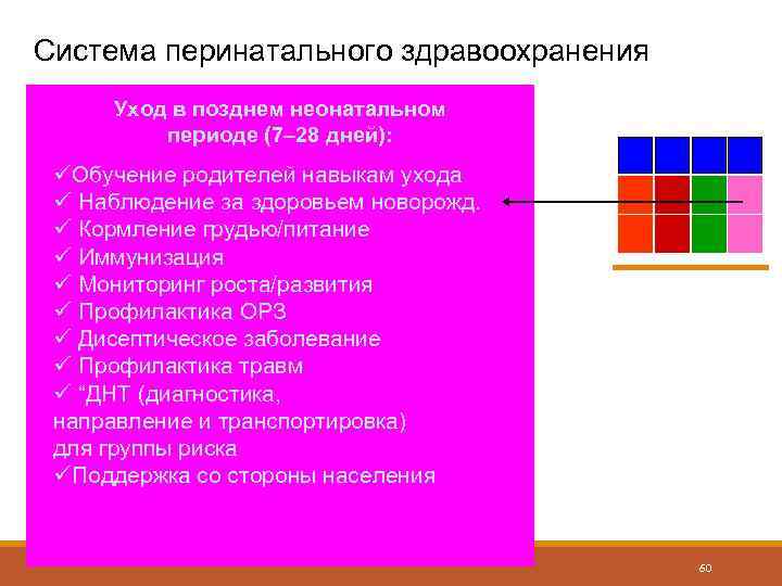 Система перинатального здравоохранения Уход в позднем неонатальном периоде (7– 28 дней): üОбучение родителей навыкам