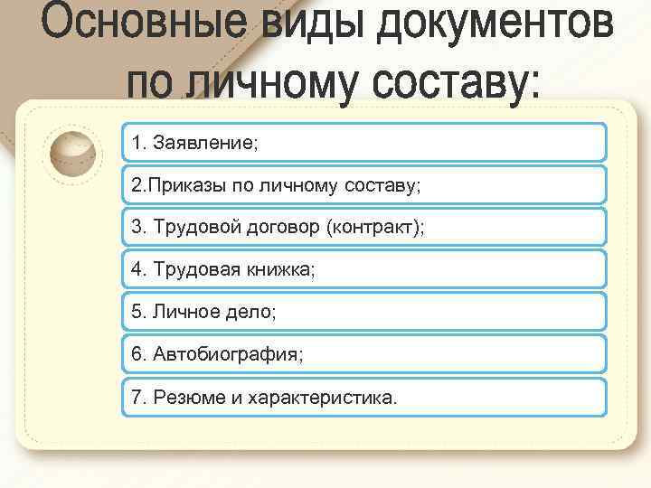 1. Заявление; 2. Приказы по личному составу; 3. Трудовой договор (контракт); 4. Трудовая книжка;