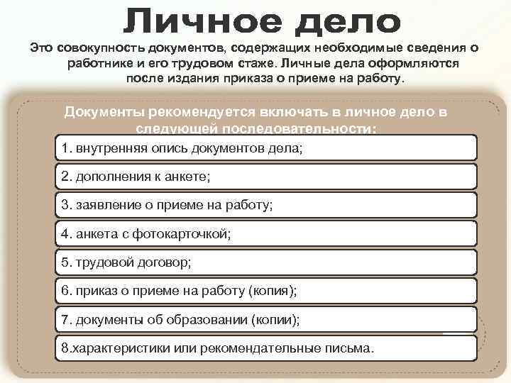 Это совокупность документов, содержащих необходимые сведения о работнике и его трудовом стаже. Личные дела