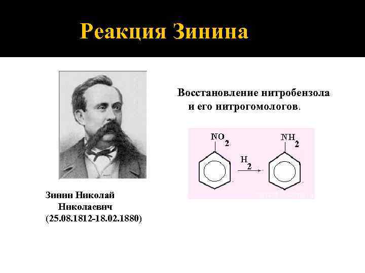 Реакция Зинина Восстановление нитробензола и его нитрогомологов. Зинин Николай Николаевич (25. 08. 1812 -18.