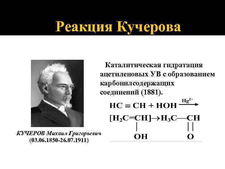 Реакция Кучерова Каталитическая гидратация ацетиленовых УВ с образованием карбонилсодержащих соединений (1881). КУЧЕРОВ Михаил Григорьевич