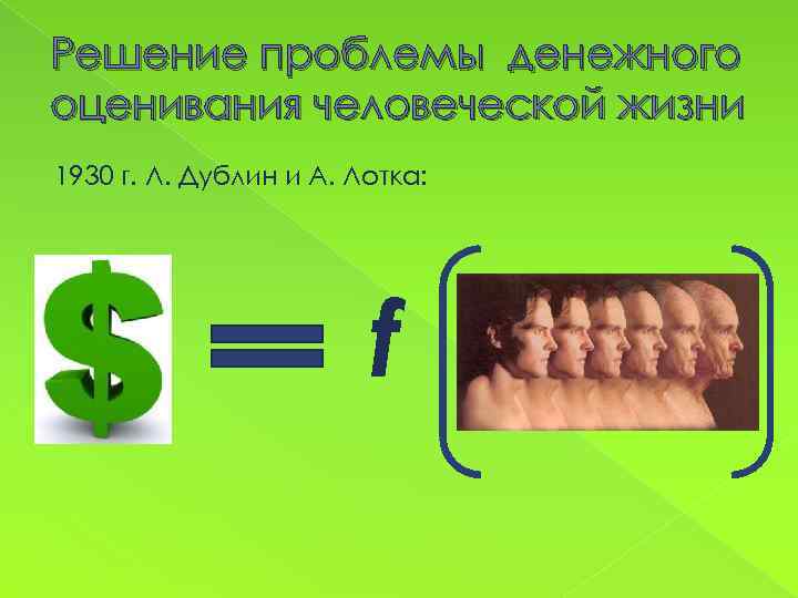 Решение проблемы денежного оценивания человеческой жизни 1930 г. Л. Дублин и А. Лотка: f