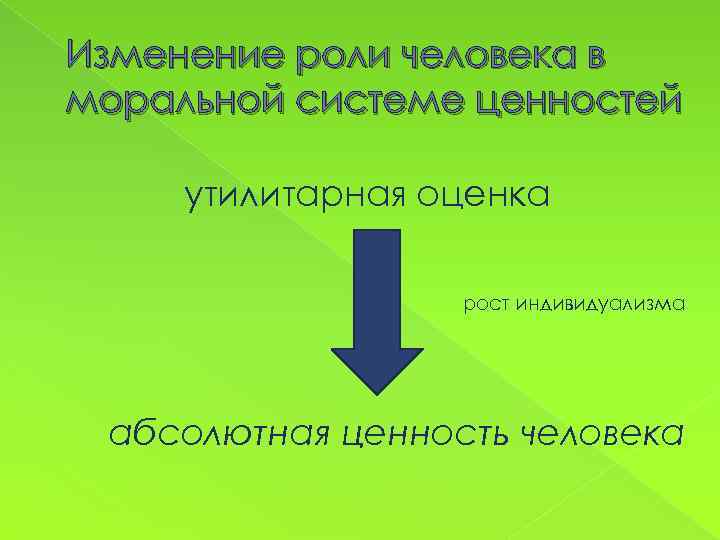 Изменение роли человека в моральной системе ценностей утилитарная оценка рост индивидуализма абсолютная ценность человека