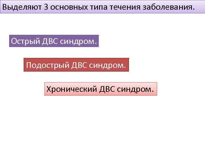 Выделяют 3 основных типа течения заболевания. Острый ДВС синдром. Подострый ДВС синдром. Хронический ДВС