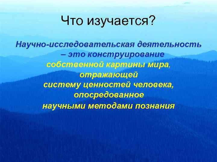 Что изучается? Научно-исследовательская деятельность – это конструирование собственной картины мира, отражающей систему ценностей человека,