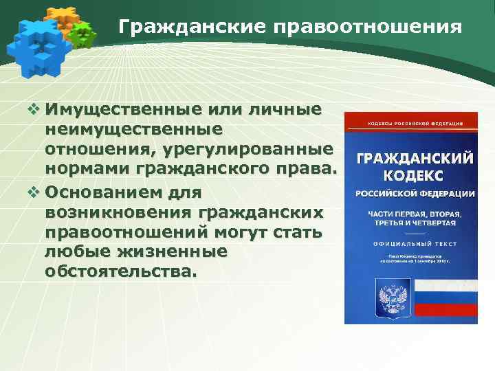 Гражданские правоотношения v Имущественные или личные неимущественные отношения, урегулированные нормами гражданского права. v Основанием