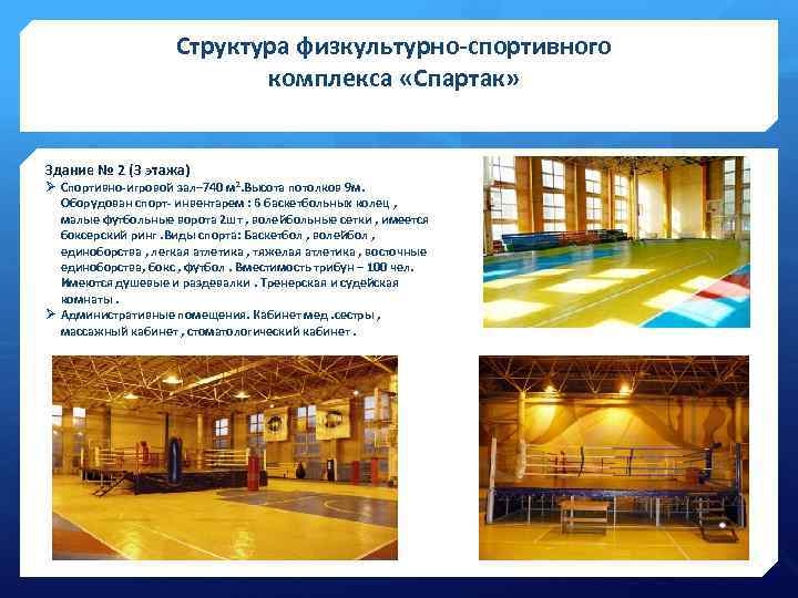 Структура физкультурно-спортивного комплекса «Спартак» Здание № 2 (3 этажа) Ø Спортивно-игровой зал– 740 м
