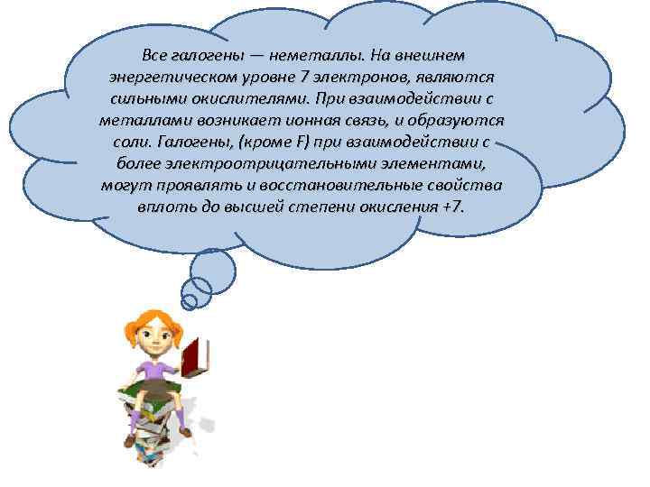  Все галогены — неметаллы. На внешнем энергетическом уровне 7 электронов, являются сильными окислителями.