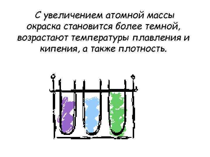  С увеличением атомной массы окраска становится более темной, возрастают температуры плавления и кипения,