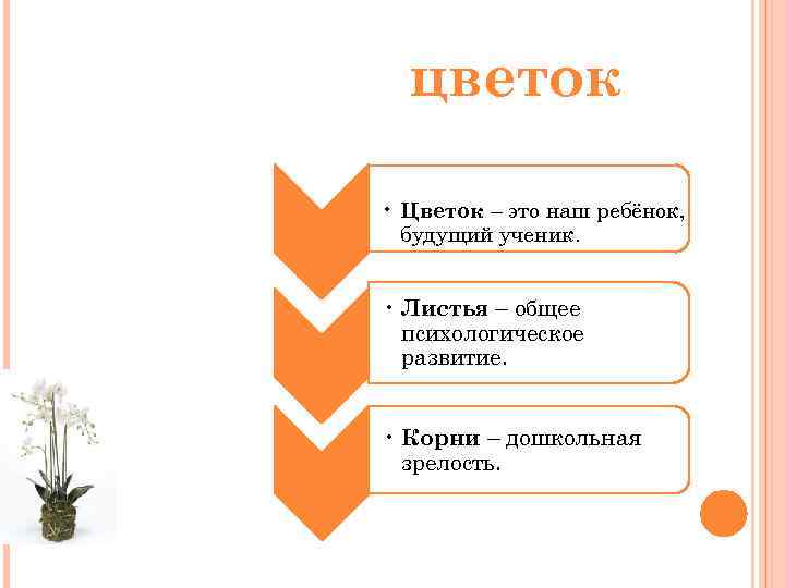 цветок • Цветок – это наш ребёнок, будущий ученик. • Листья – общее психологическое