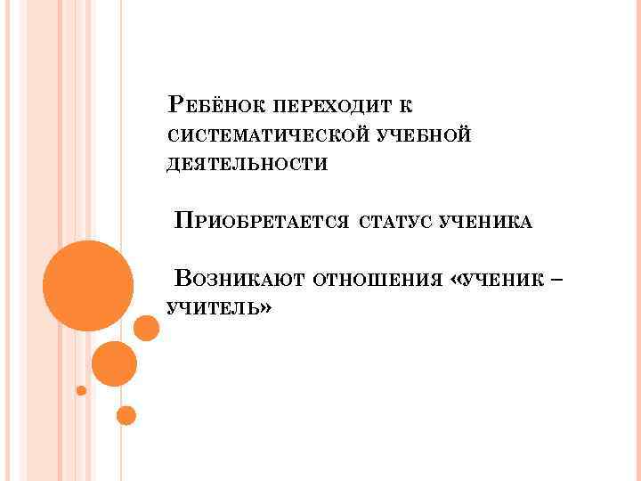 РЕБЁНОК ПЕРЕХОДИТ К СИСТЕМАТИЧЕСКОЙ УЧЕБНОЙ ДЕЯТЕЛЬНОСТИ ПРИОБРЕТАЕТСЯ СТАТУС УЧЕНИКА ВОЗНИКАЮТ ОТНОШЕНИЯ «УЧЕНИК – УЧИТЕЛЬ»