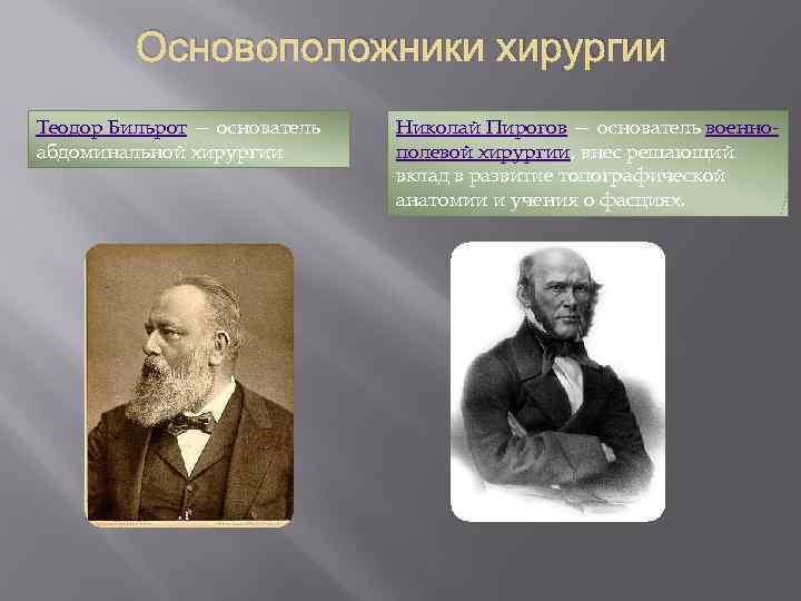 Основоположники хирургии Теодор Бильрот — основатель абдоминальной хирургии Николай Пирогов — основатель военнополевой хирургии,