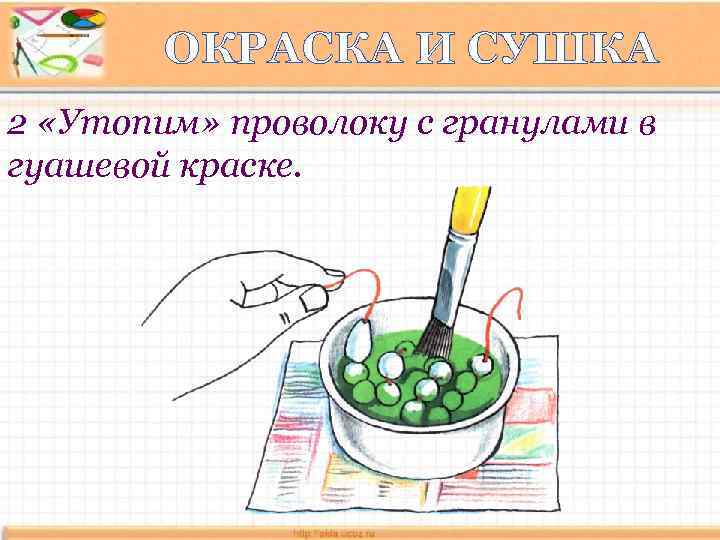 ОКРАСКА И СУШКА 2 «Утопим» проволоку с гранулами в гуашевой краске. 