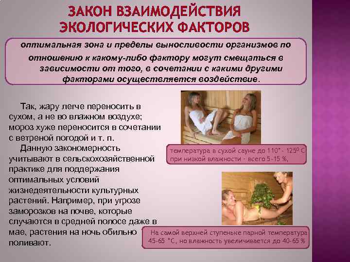 ЗАКОН ВЗАИМОДЕЙСТВИЯ ЭКОЛОГИЧЕСКИХ ФАКТОРОВ оптимальная зона и пределы выносливости организмов по отношению к какому-либо