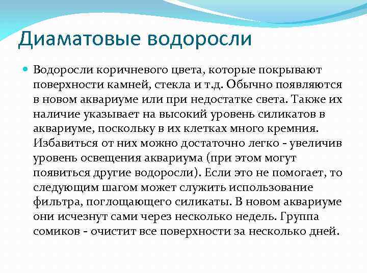 Диаматовые водоросли Водоросли коричневого цвета, которые покрывают поверхности камней, стекла и т. д. Обычно