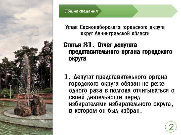 Общие сведения Устав Сосновоборского городского округа округ Ленинградской области Статья 31. Отчет депутата представительного