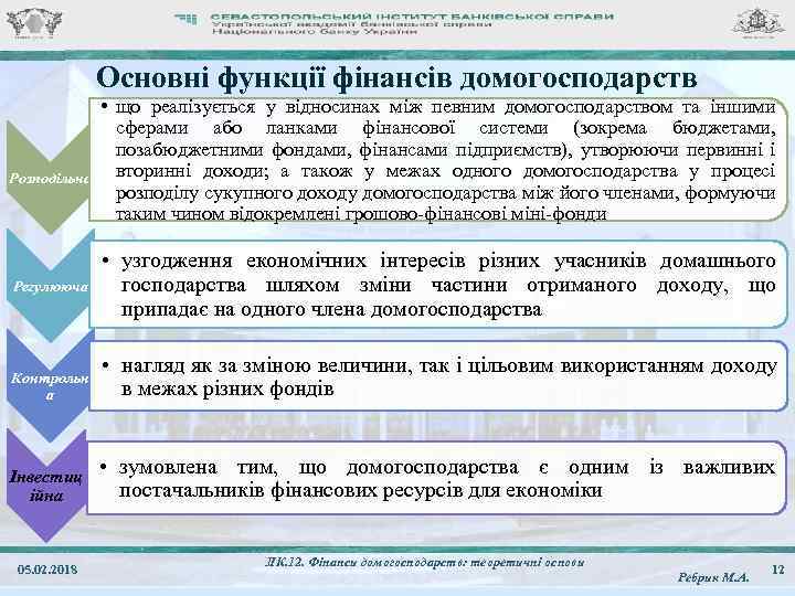 Основні функції фінансів домогосподарств Розподільна Регулююча • що реалізується у відносинах між певним домогосподарством