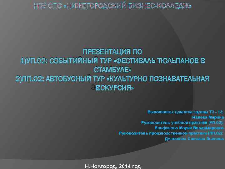 НОУ СПО «НИЖЕГОРОДСКИЙ БИЗНЕС-КОЛЛЕДЖ» ПРЕЗЕНТАЦИЯ ПО 1)УП. 02: СОБЫТИЙНЫЙ ТУР «ФЕСТИВАЛЬ ТЮЛЬПАНОВ В СТАМБУЛЕ»