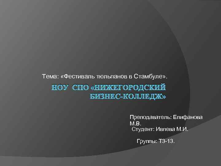  Тема: «Фестиваль тюльпанов в Стамбуле» . НОУ СПО «НИЖЕГОРОДСКИЙ БИЗНЕС-КОЛЛЕДЖ» Преподаватель: Епифанова М.