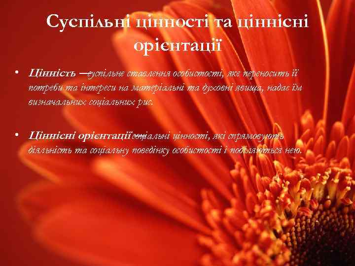 Суспільні цінності та ціннісні орієнтації • Цінність — суспільне ставлення особистості, яке переносить її