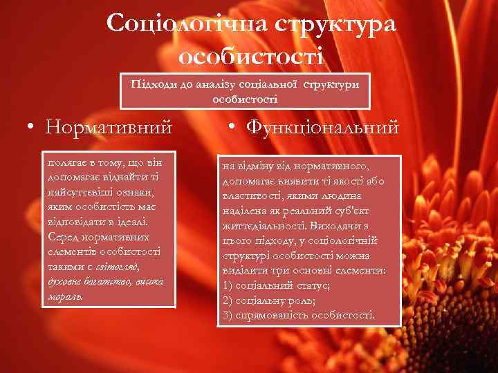 Соціологічна структура особистості Підходи до аналізу соціальної структури особистості • Нормативний полягає в тому,