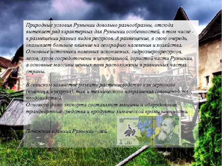 Природные условия Румынии довольно разнообразны, отсюда вытекает ряд характерных для Румынии особенностей, в том