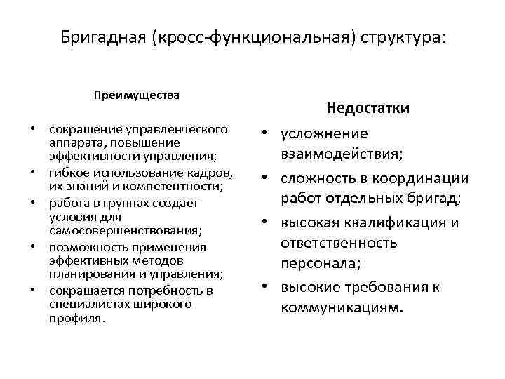 Преимущества структур управления. Кросс-функциональный Тип организационной структуры. Каковы достоинства и недостатки бригадной структуры управления. Бригадная кросс функциональная структура управления. Бригадная организационная структура преимущества и недостатки.