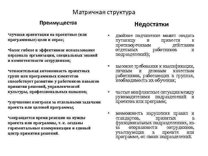 Матричная структура Преимущества • лучшая ориентация на проектные (или программные) цели и спрос; Недостатки