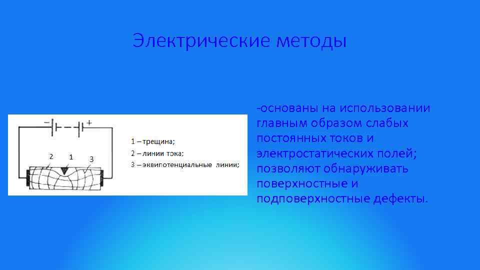 Электрические методы -основаны на использовании главным образом слабых постоянных токов и электростатических полей; позволяют