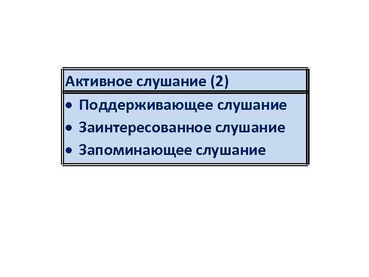 Активное слушание (2) Поддерживающее слушание Заинтересованное слушание Запоминающее слушание 